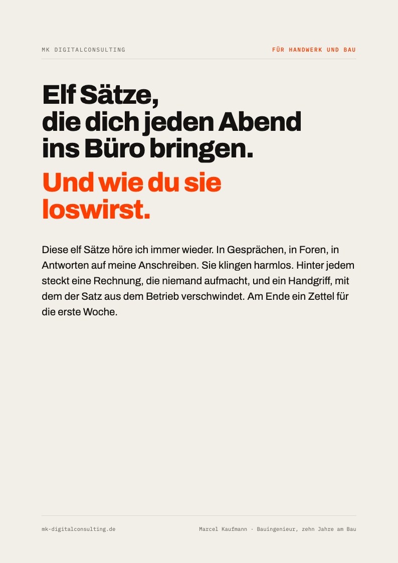 Titelseite des Leitfadens: Elf Sätze, die dich jeden Abend ins Büro bringen